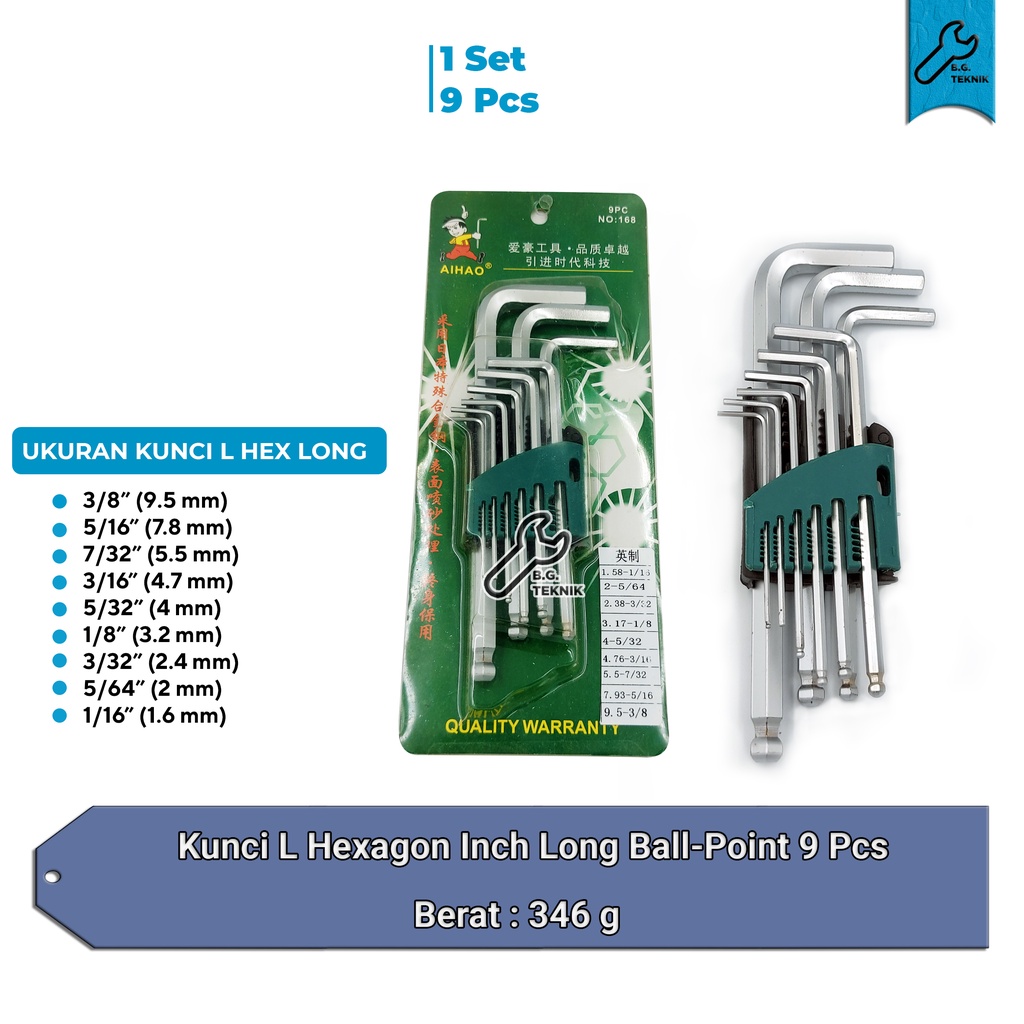 [LONG INCH] Kunci L Hexagon Inch Long Ball-Point 9 Pcs