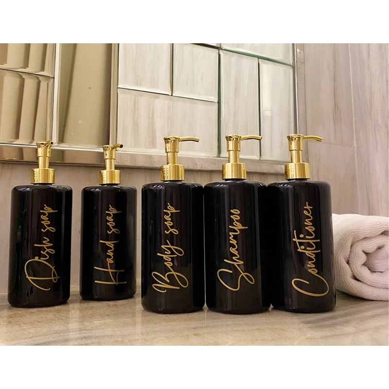 botol  HITAM GLOSSY N24 &amp; N28 500ml gold LUXURY. aesthetic bottle minimalist refill organizer tempat sabun cair pump estetik