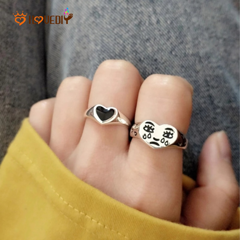 Cincin Jari Model Terbuka Dapat Disesuaikan Desain Wajah Hati Kristal Untuk Pria Dan Wanita