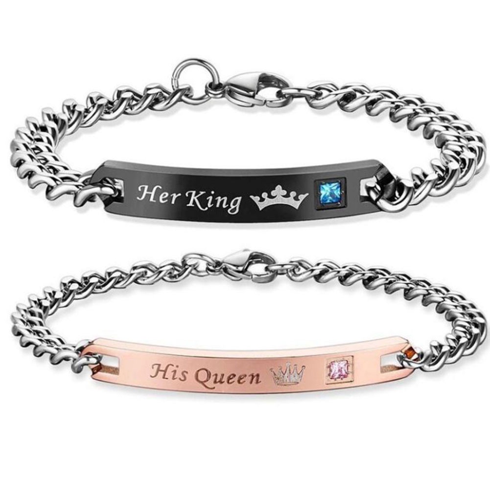 Canaan Gelang Tangan Rantai Titanium Steel Motif Tulisan His Queen / Her King Untuk Pasangan / Pria / Wanita