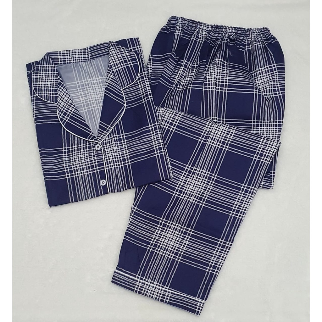 Baju Tidur Cewek Lengan Panjang Dan Lengan Pendek Motif Kotak Piyama Wanita Kekinian Pajamas Dewasa-CP GUILEN NAVY L