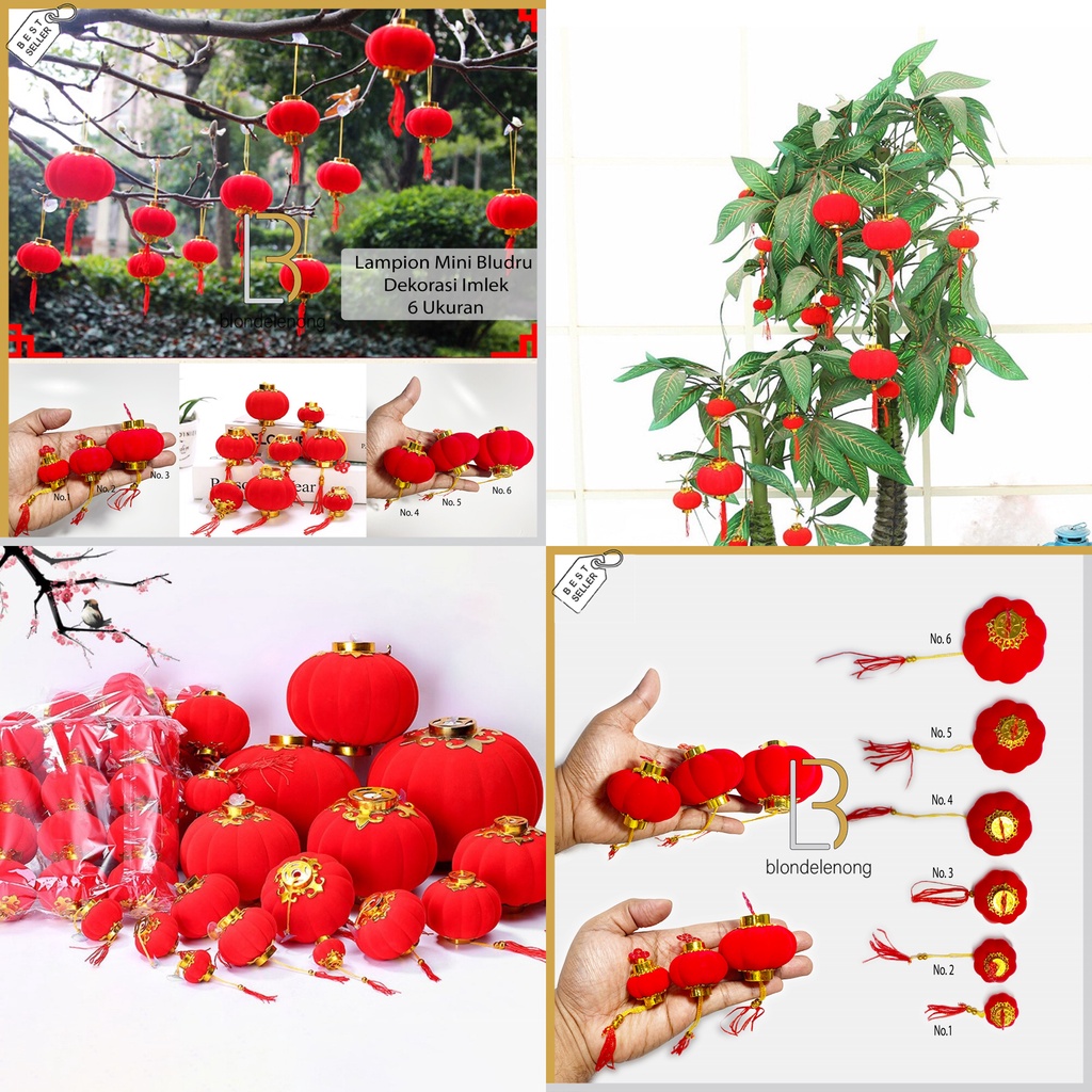 Hiasan Lampion Gantung Gantungan Bludru Dekorasi Pohon Sakura Meihwa Mehwa Meihua Uang Duit Fu Fuk Rejeki Pernak Pernik Parcel Parsel Souvenir Suvenir Imlek Tahun Baru Cina China 1 Set Pack Murah Ukuran Size Mini Kecil Sedang Medium Besar Kue Keranjang