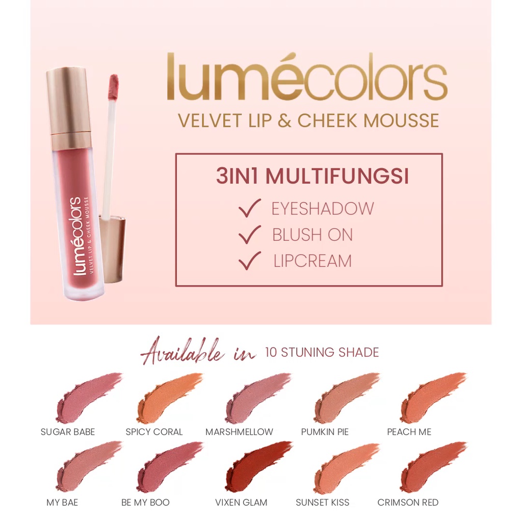 (Free Emas) Lumecolors Lipmousse 3in1 Velvet Lip &amp; Cheek Mousse Eyeshadow - Be My Boo