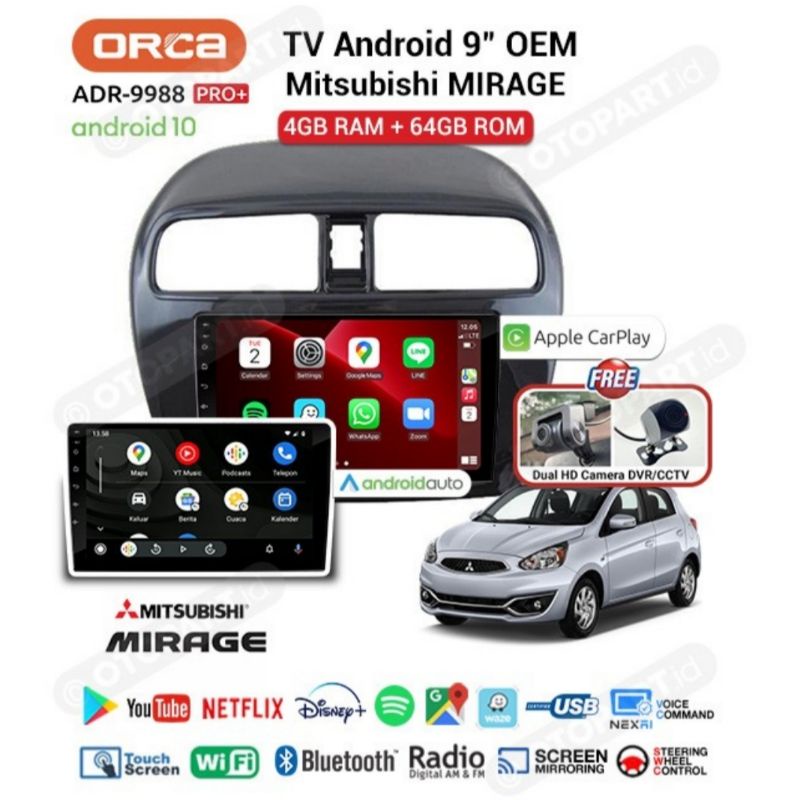 Head Unit Android ORCA PRO+ MIRAGE Ram 4 Gb Rom 64 Gb ANDROID ORCA ADR 9988 PRO+ CARPLAY