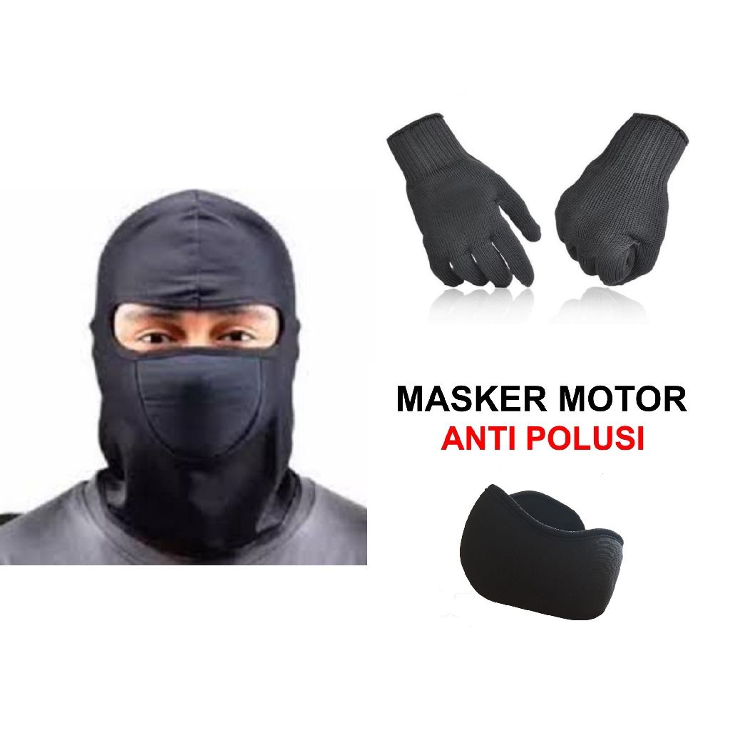 [NEW NORMAL BUNDLE]  Masker Anti Polusi Spon + Masker Ninja + Sarung Tangan Kain Hitam Multifungsi