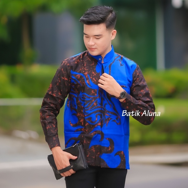 Baju Koko Pria Lengan Panjang Premium Baju Muslim Kombinasi Batik Pria Dewasa Lengan Panjang Kemeja Koko Pria Lengan Panjang Modern Dan Hitam FASHION MUSLIM BATIK ALUNA