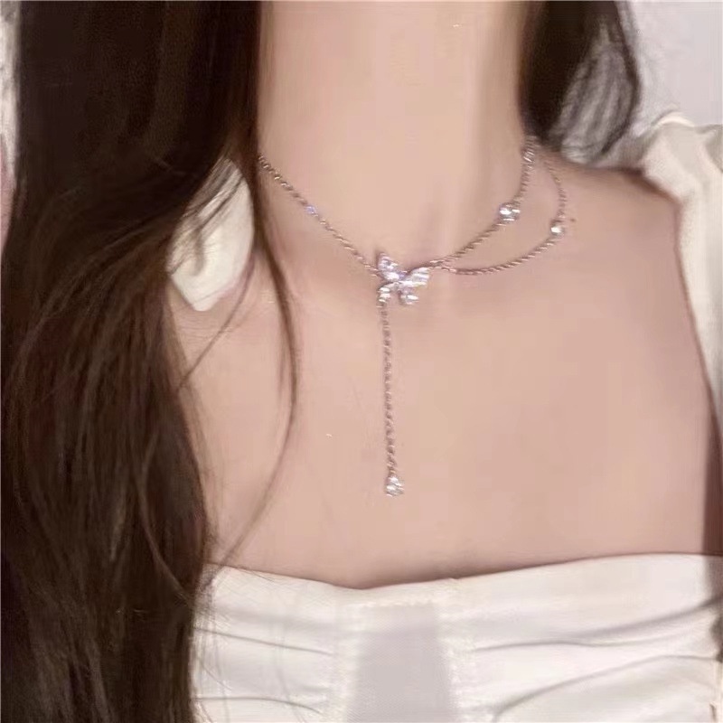 Butterfly Kalung Rantai Klavikula Hias Liontin Kupu-Kupu Bunga Mutiara Untuk Wanita