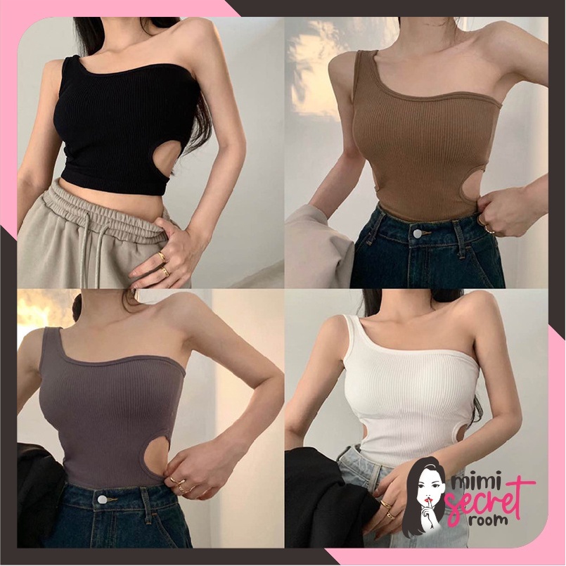 ❤ MIMI ❤  TANK TOP ONE SHOULDER SEXY BEST CROP TOP FASHION KOREAN