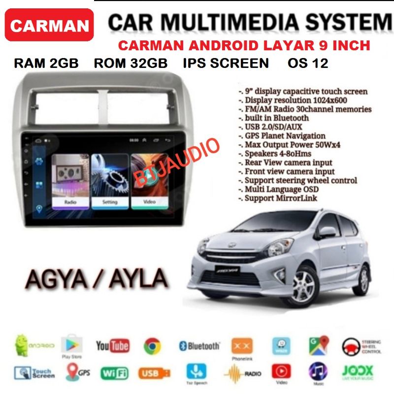 HEAD UNIT TAPE MOBIL ANDROID MERK CARMAN FOR TOYOTA AGYA/DAIHATSU AYLA 9 INCH RAM 2/32