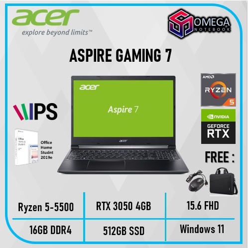 LAPTOP ACER ASPIRE 7 A715-42G RYZEN 5 5500 16GB 512SSD RTX3050 4GB W11+OHS 15.6&quot;FHD IPS