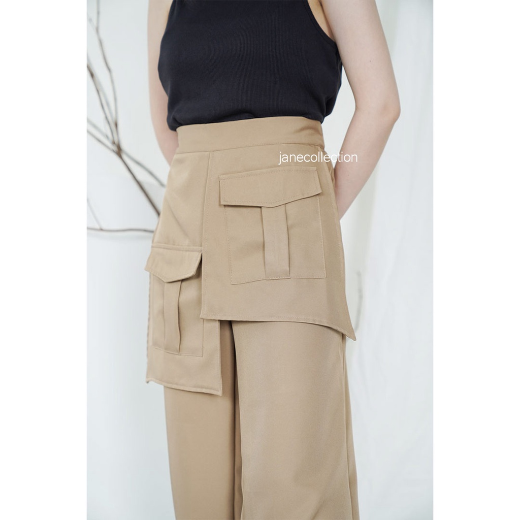 JANE COLLECTION ||  Celana Panjang Kulot Kantong Depan Pinggang Karet Celana Kain Wanita Cullotes Pants Lurus Cewek Ukuran L XL Kasual Kekinian - Paola Pocket Pants