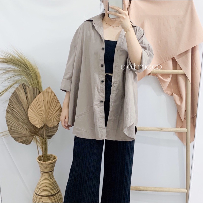 Leona Oversize Shirt - Clothme.co / Atasan Wanita - Kemeja Wanita - Blouse Wanita-Taupe