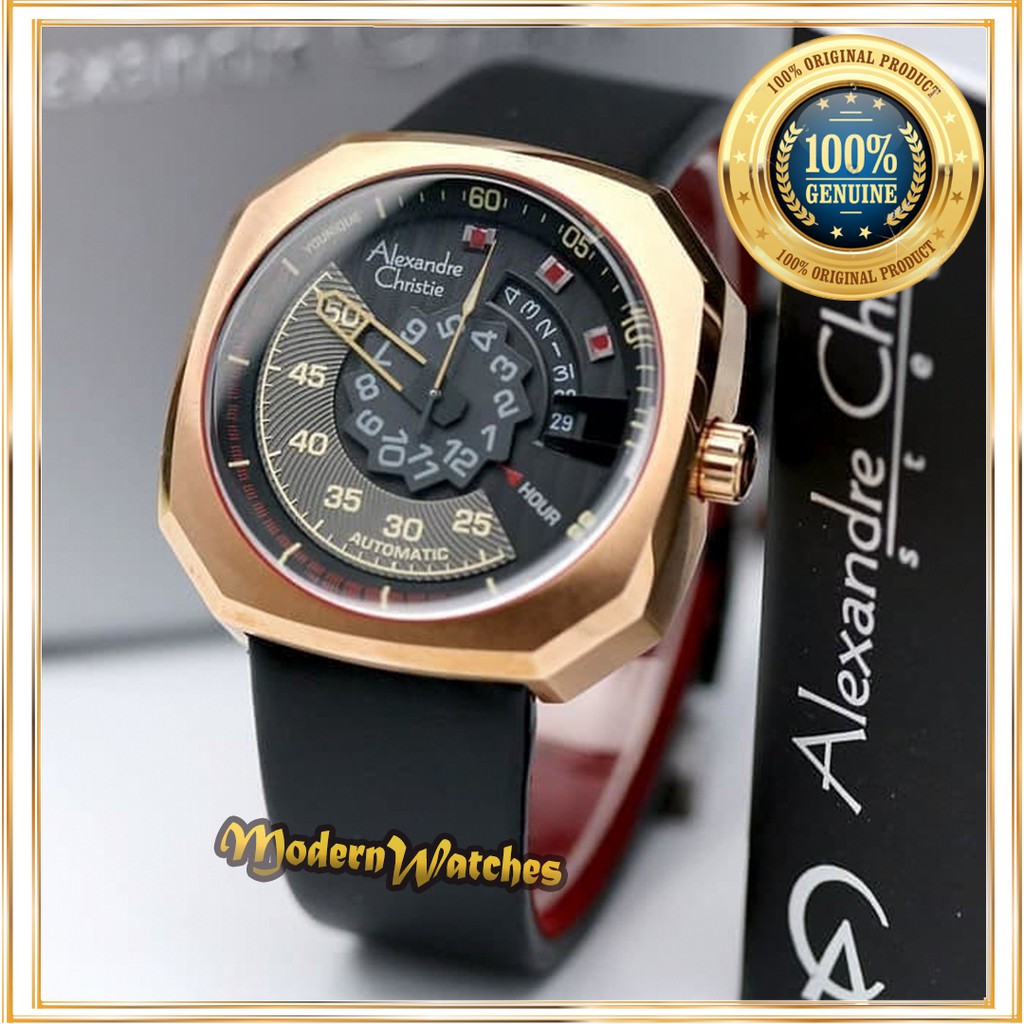 Jam Tangan Pria Alexandre Christie Automatic Ori AC 3032 Hitam Rosegold Black Kulit Mesin Otomatis