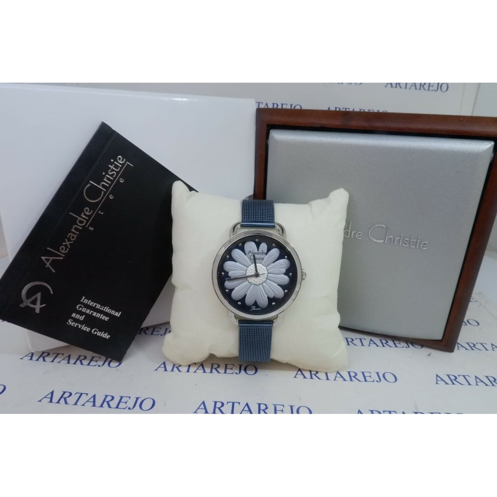 JAM TANGAN WANITA ALEXANDRE CHRISTIE AC 2852 BIRU BUNGA ABU ORIGINAL