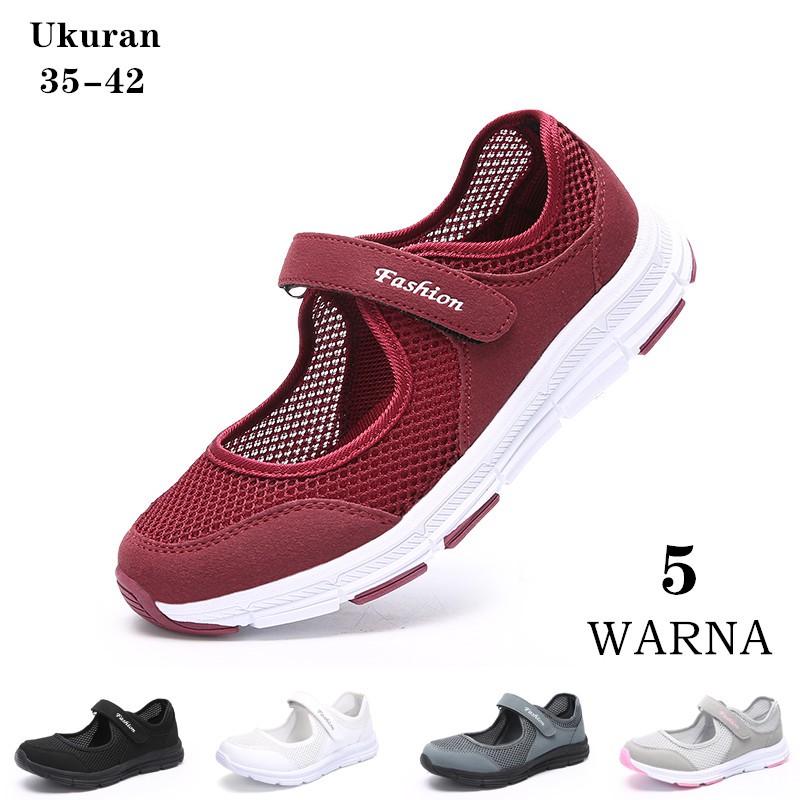 Sneakers Sepatu  Wanita  Bahan Mesh Breathable dengan Velcro 