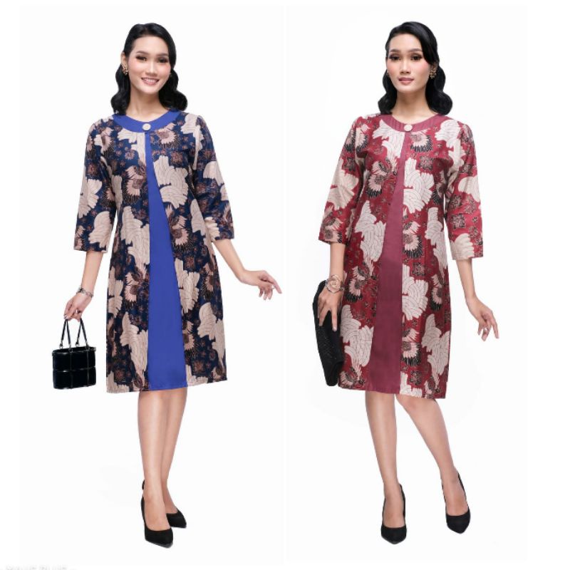 Dress Batik Wanita Jumbo 4L-5L Terusan Tunik Big Size Lengan ¾ Seragam Batik Kantor Wanita Modern SHL