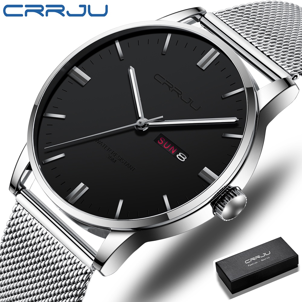 CRRJU Kasual Olahraga Jam Tangan Pria Stainless Steel Band Jam Tangan Sederhana Dial Jam Kuarsa dengan Bercahaya Pointer