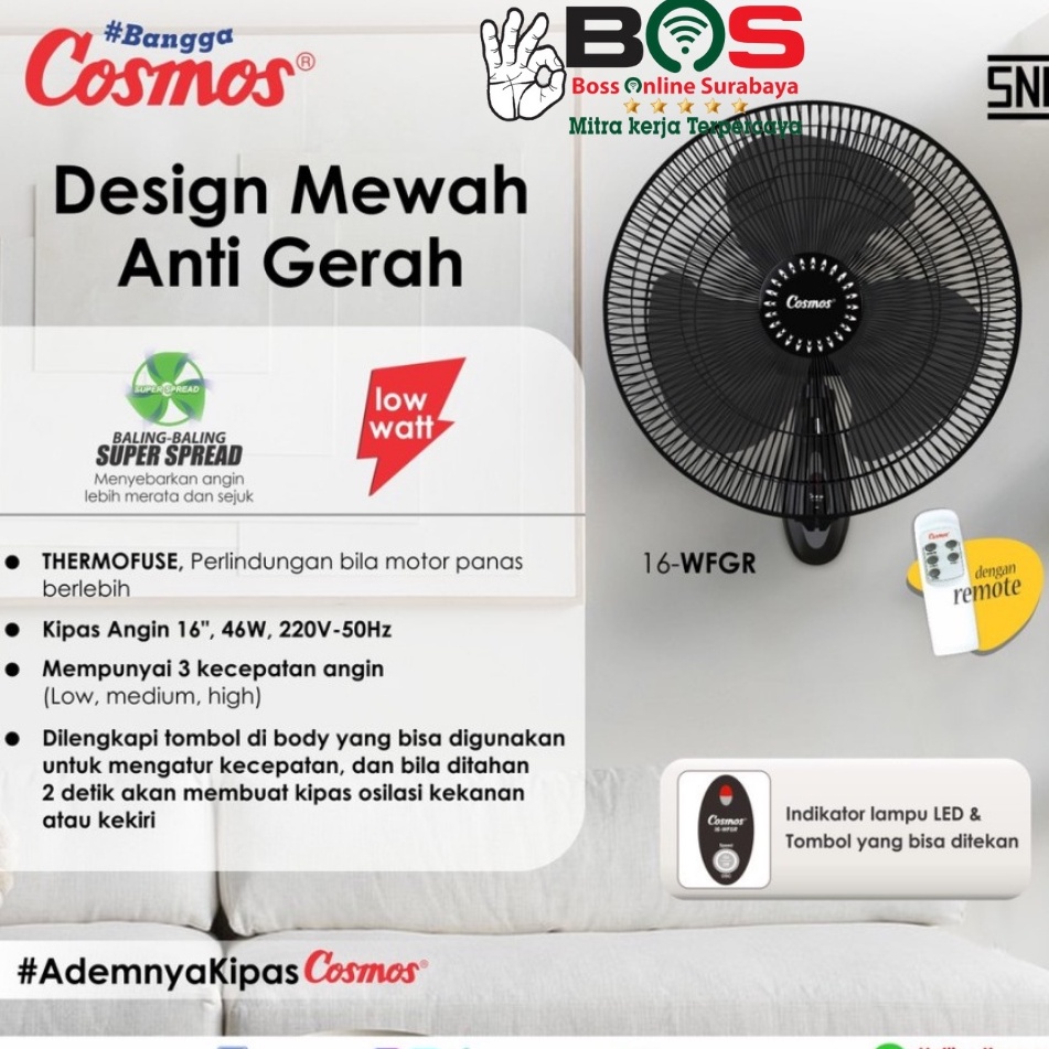 Kipas Angin Tembok Kipas Angin Dinding Cosmos 16-WFGR 16 WFGR Cosmos Wall Fan