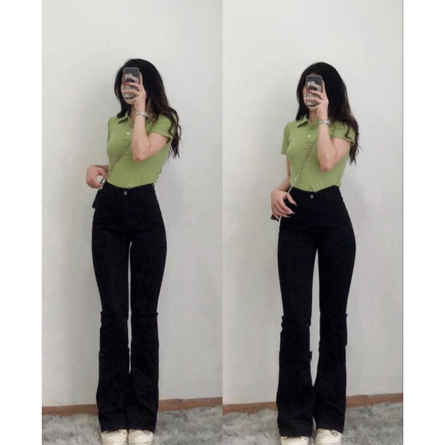 (27-34) BLACK HW CUTBRAY JEANS / HITAM HW FLARED JEANS / CELANA HW JEANS WANITA CEWEK