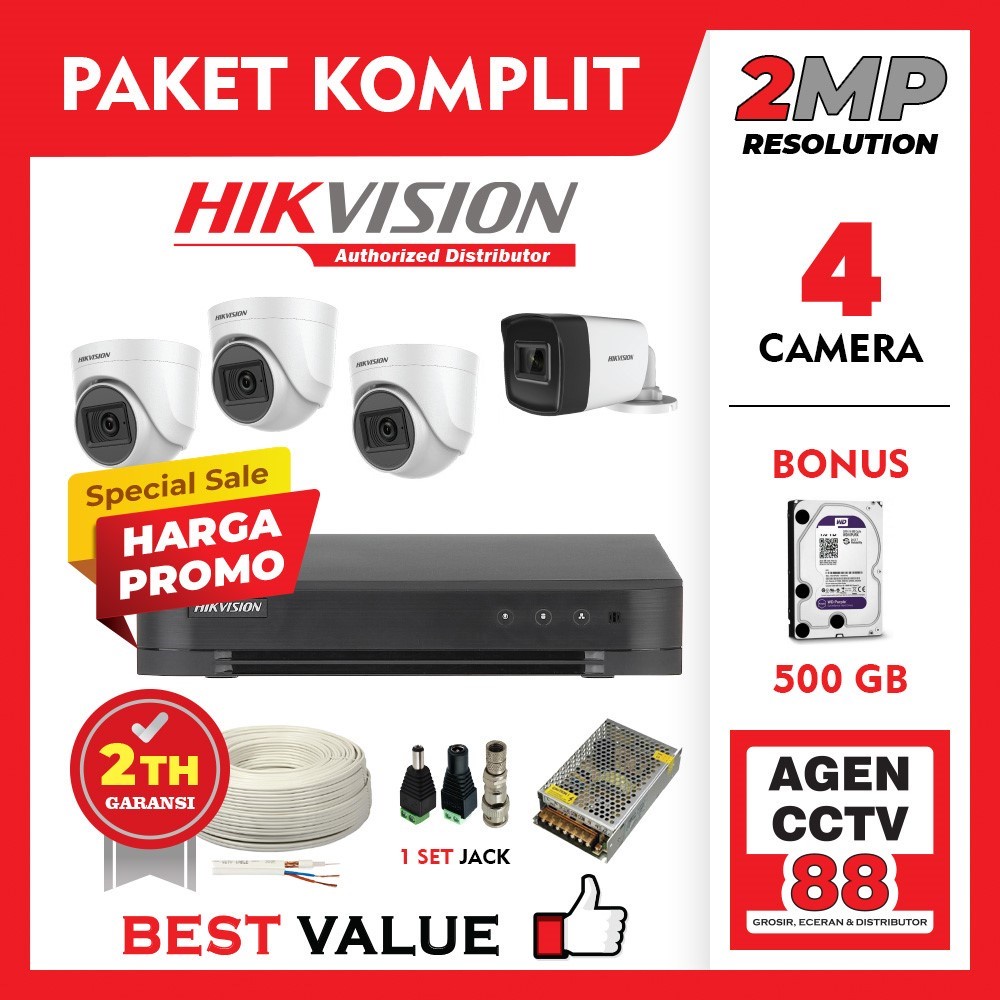 Paket CCTV HIKVISION 2MP 4 Channel Kamera Komplit Lengkap