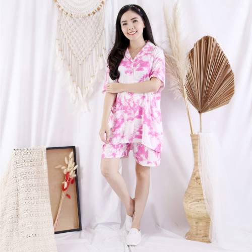 Setelan Piyama Wanita Pendek Motif Tie Dye One Set Rayon Baju Tidur Cewe DARTI HP Jumbo XXL-LOGI PINK