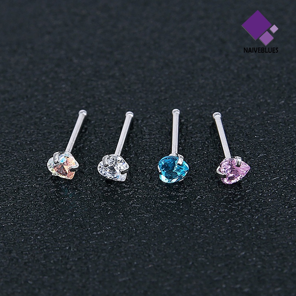 Naiveblue 3Pcs Cincin Tindik Hidung Bahan Baja Bentuk Bintang / Hati Hias Cubic Zircon