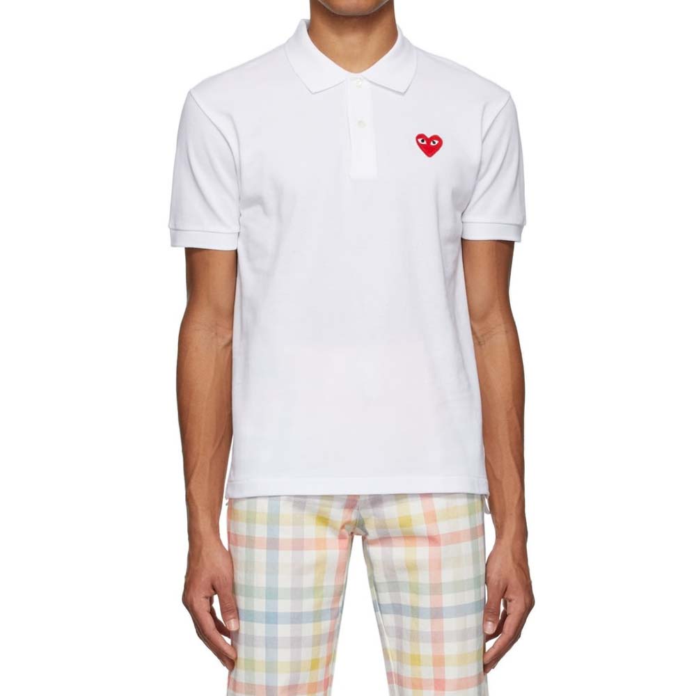 CDG Men Red Emblem Polo Shirt White 100% Original