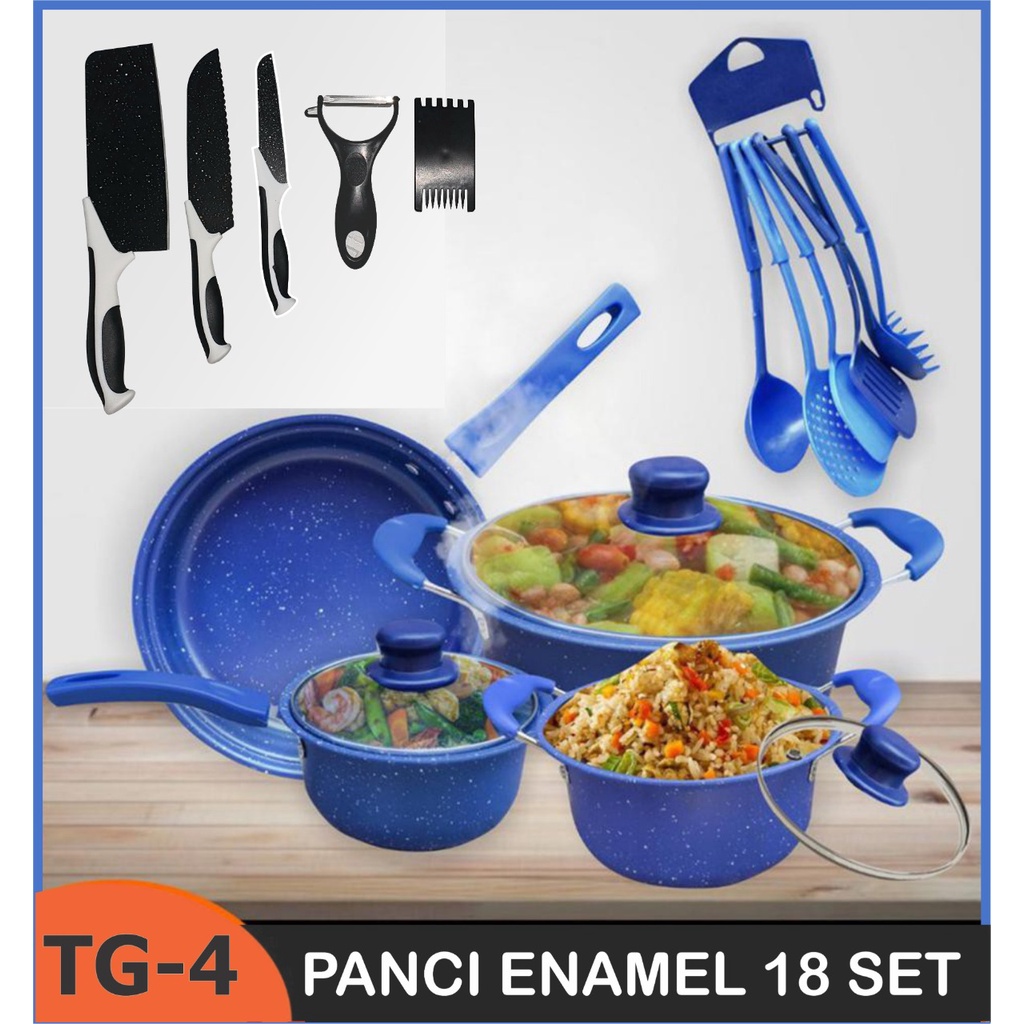 Panci Marble 18 pcs Cookware Set Tutup Kaca Pegangan Anti Panas