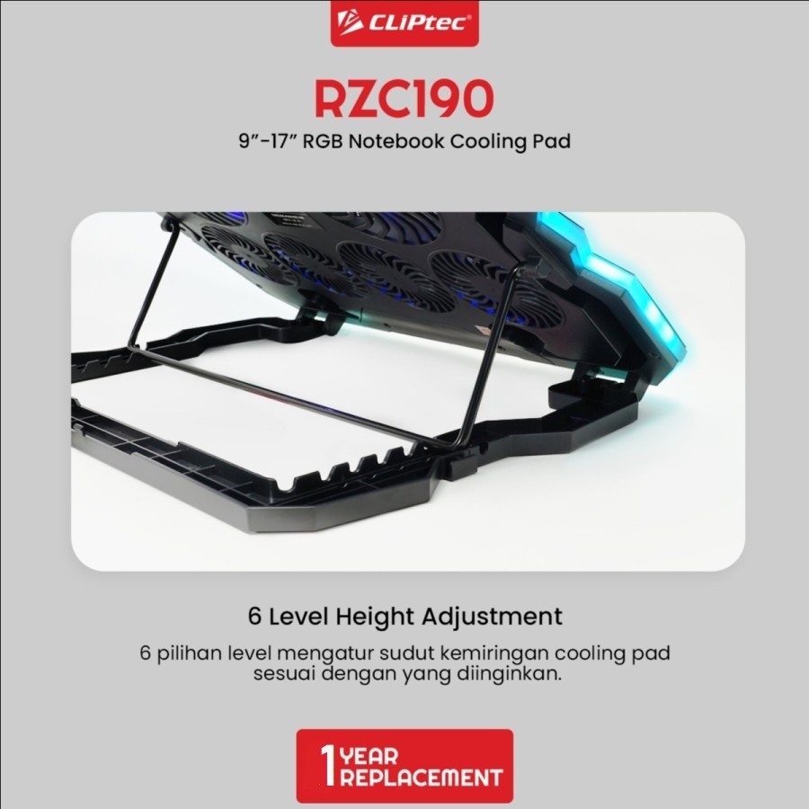 Notebook Cooling Pad CLIPtec RZC190 RGB 6Fans LED Display Ergostand 17