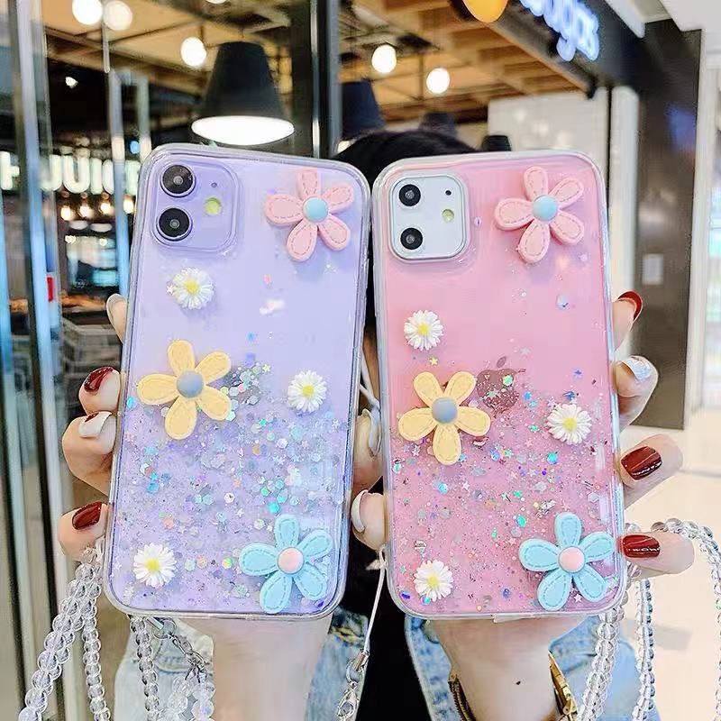 OPPO RENO 6 4G SOFT CASE GLITTER TALI LANYARD MOTIF BUNGA SILIKONCOVER CASING