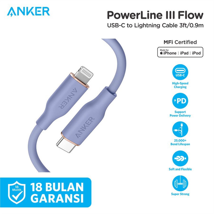 Kabel Charger Anker Powerline III Flow Type C to Lightning 3ft - A8662