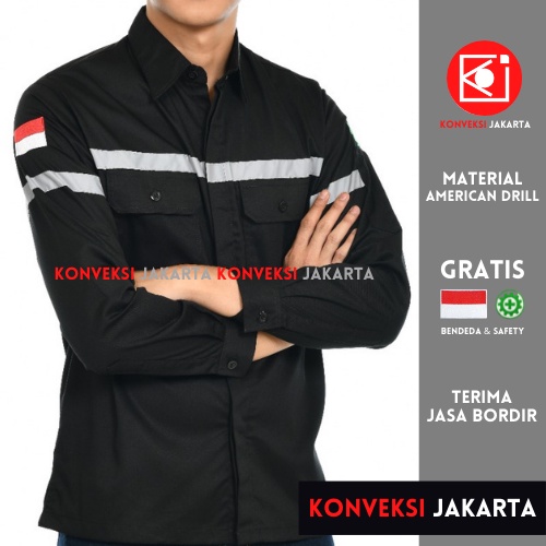 Baju Wearpack Kemeja Safety K3 Proyek Tambang Lengan Panjang  - Pakaian Seragam Werpak Kerja Atasan Scotlight Reflector Reflektor Lapangan Warna Hitam Pria Wanita