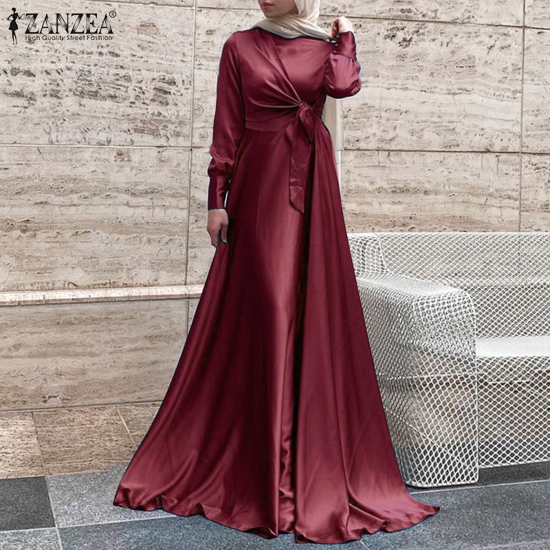 ZANZEA Women Party Gown Long Sleeve Satin Dress Elegant Ladies Maxi Dress