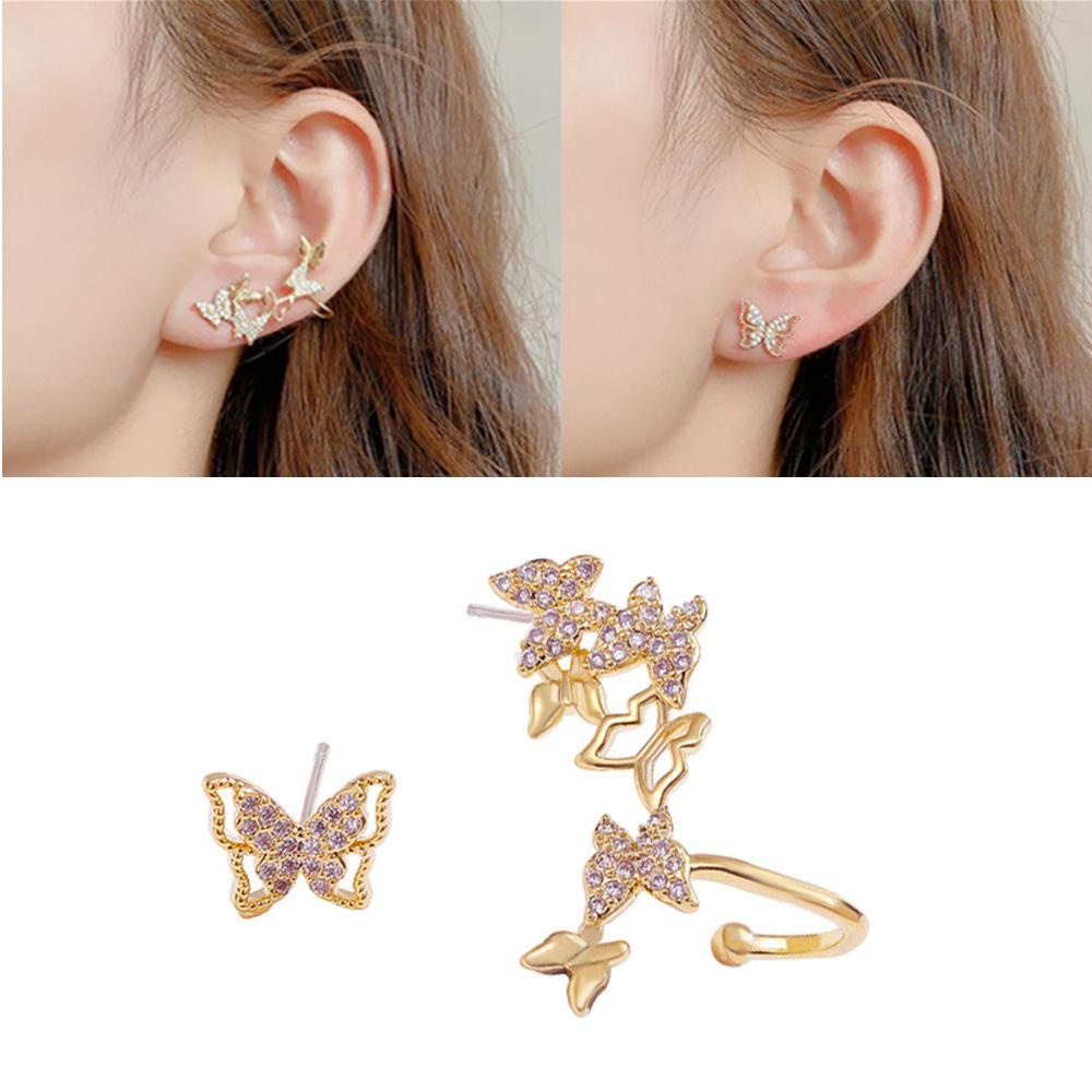 Anting Tusuk Gantung Desain Bunga + Kupu-Kupu Hollow Untuk Wanita