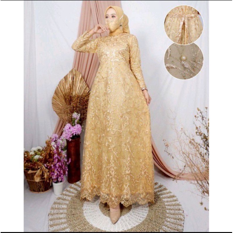 GAMIS MODERN BROKAT TULLE AJC 1/GAMIS TERBARU/GAMIS MUSLIM-Gold