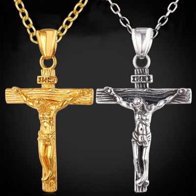 Kalung Rantai Liontin Salib Yesus Bahan Stainless Steel Lapis Emas / Silver 14k Gaya Hip Hop