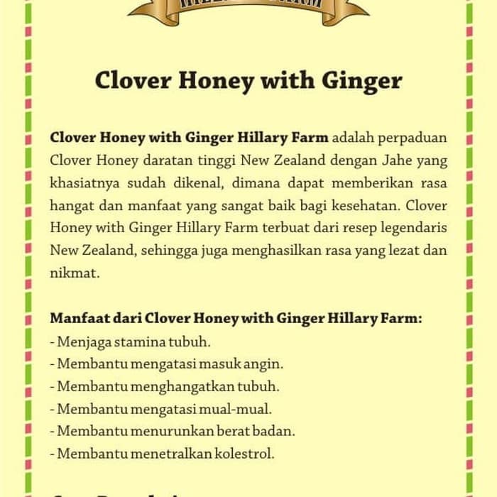 Hillary Farm Clover Honey With Ginger Madu Jahe Alami BPOM