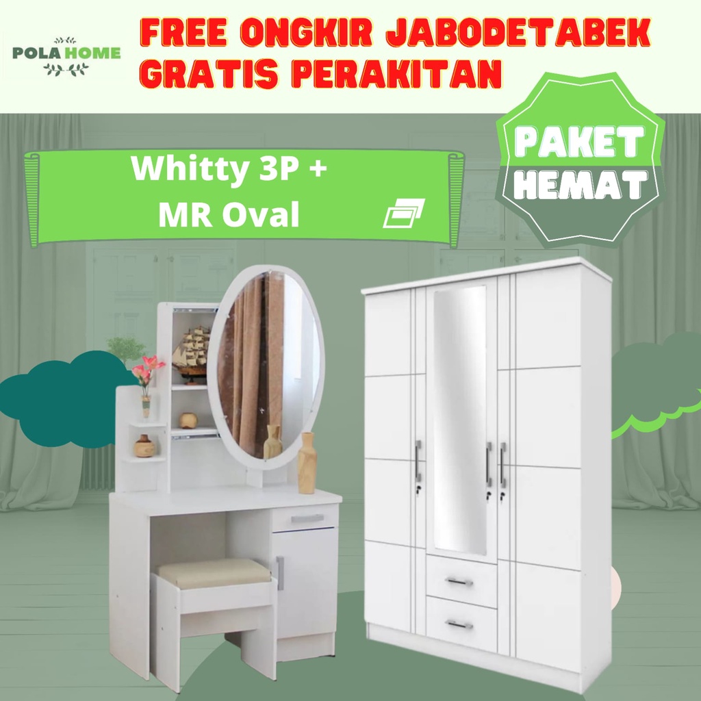 GRATIS ONGKIR + RAKIT Paket Hemat Furniture Ruang Kamar Lemari Pakaian 3Pintu dan Meja Rias