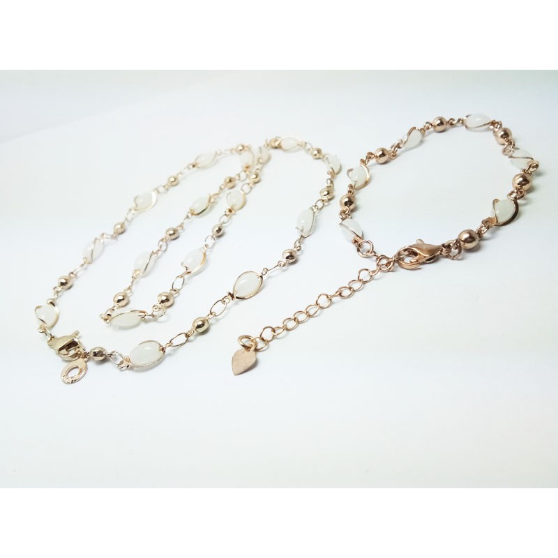 VeE Paket Kalung Gelang Wanita Lapis Emas 18K Batu Giok Putih