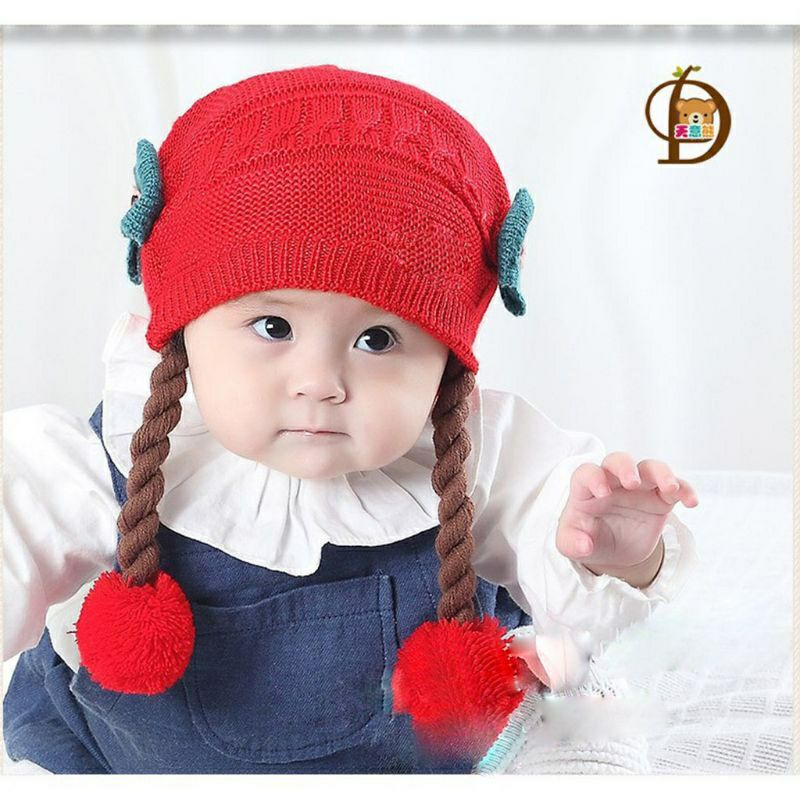 Topi  Bayi Kupluk Rambut Kepang Motif Pita / Baby Hat Wig / Topi Bayi Rambut