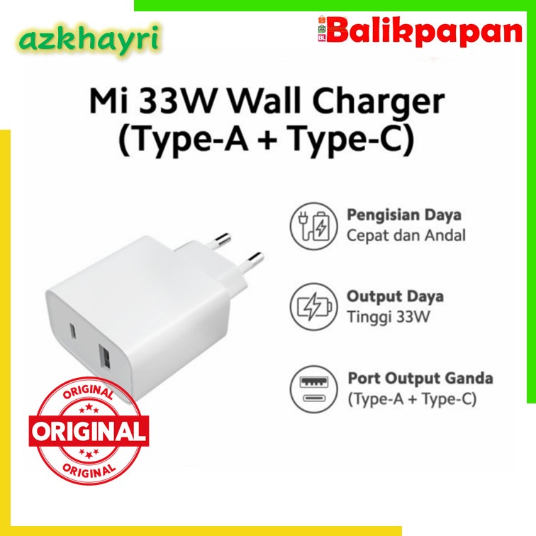 Xiaomi Mi 33W Wall Charger Type-A + Type-C Pengisian Daya Cepat Port android dan iPhone Original