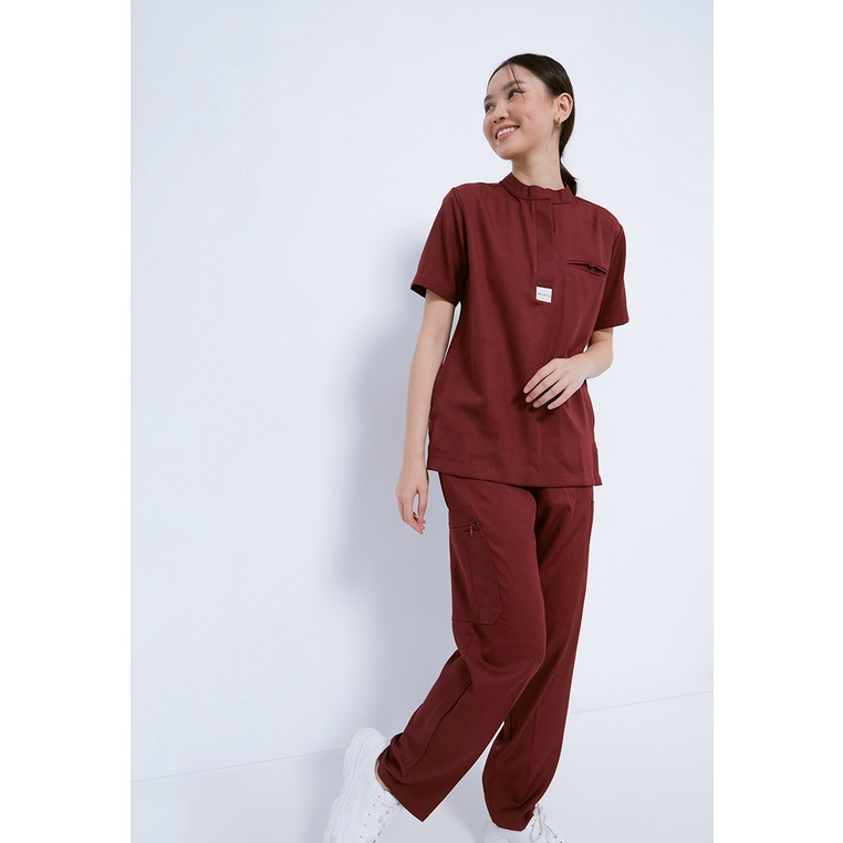 Baju Jaga OK Scrub Medis Dokter Mandarin Collar in MAROON RED