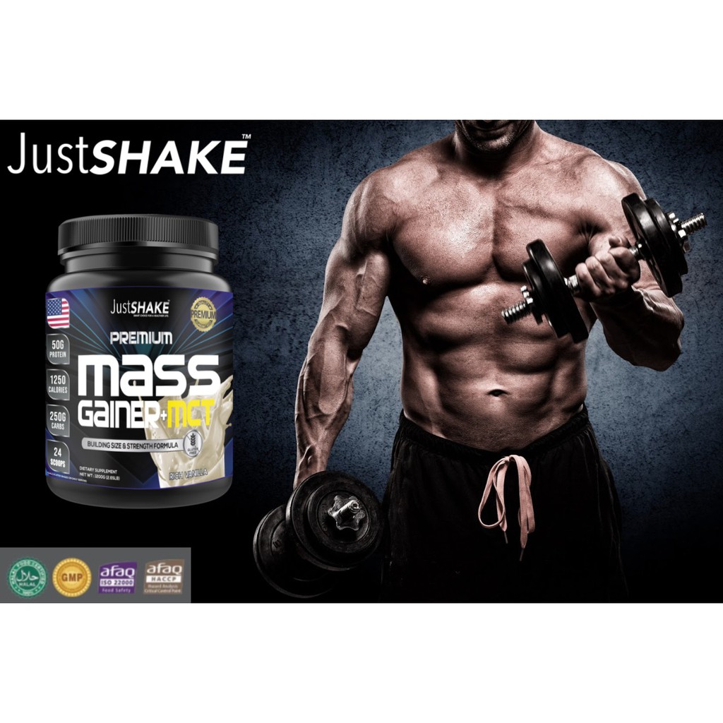 MASS GAINER+MCT PREMIUM JUSTSHAKE/SUSU PEMBENTUK OTOT PRIA DAN WANITA (1200gr)