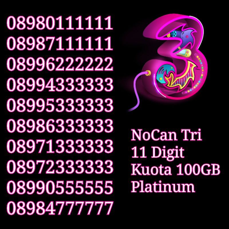 NOCAN Nomor Cantik 11 digit Hexa Kartu Perdana Tri Three 3 4G LTE Kuota 100GB