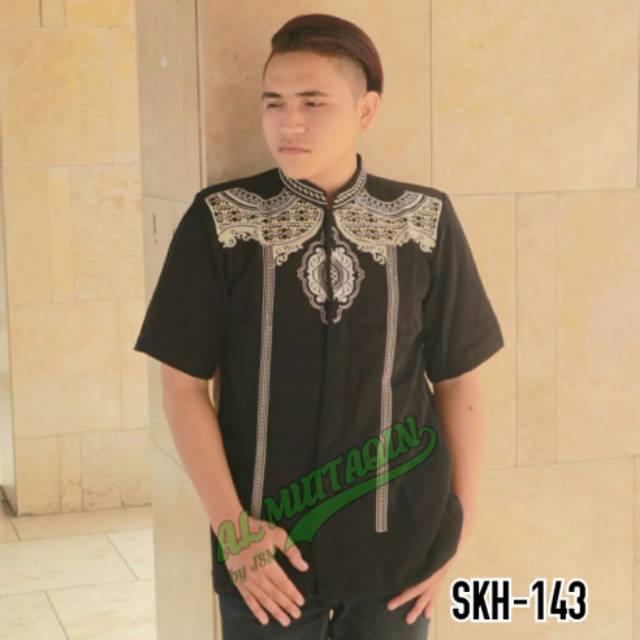 Baju Koko Pria Muslim Dewasa Jasko Jas Koko Hitam Lengan Pendek Bordir Gratis Ongkir Terbaru SKH 143
