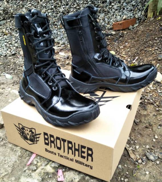 SEPATU PDL KULIT GLOSY TNI POLRI KOMBINASI KORDURA ANTI AIR PAKAI RESLETING MERK BROTRHER SWATT KOMANDO KILAP