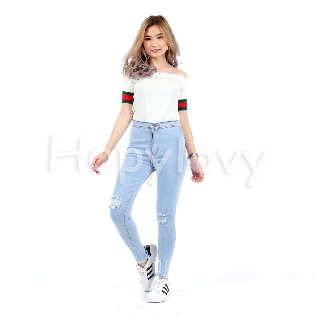 HOPYLOVY Celana Jeans Highwaist Pun Unfinished Ripped Sobek Lutut