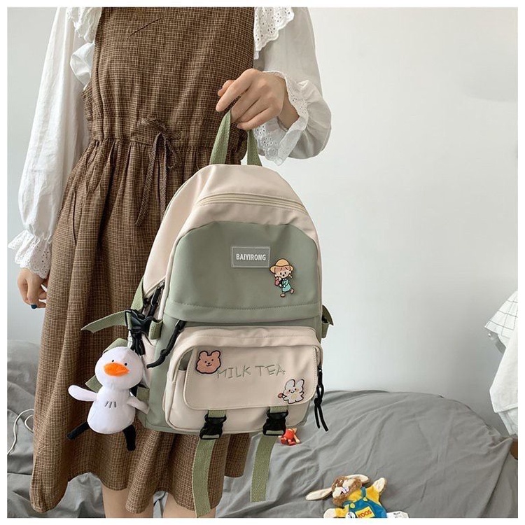 Tas Ransel Wanita Korea School MILK TEA PIN Backpack Perempuan Stylish Fashion K-POP Omo Omo Kiyowok