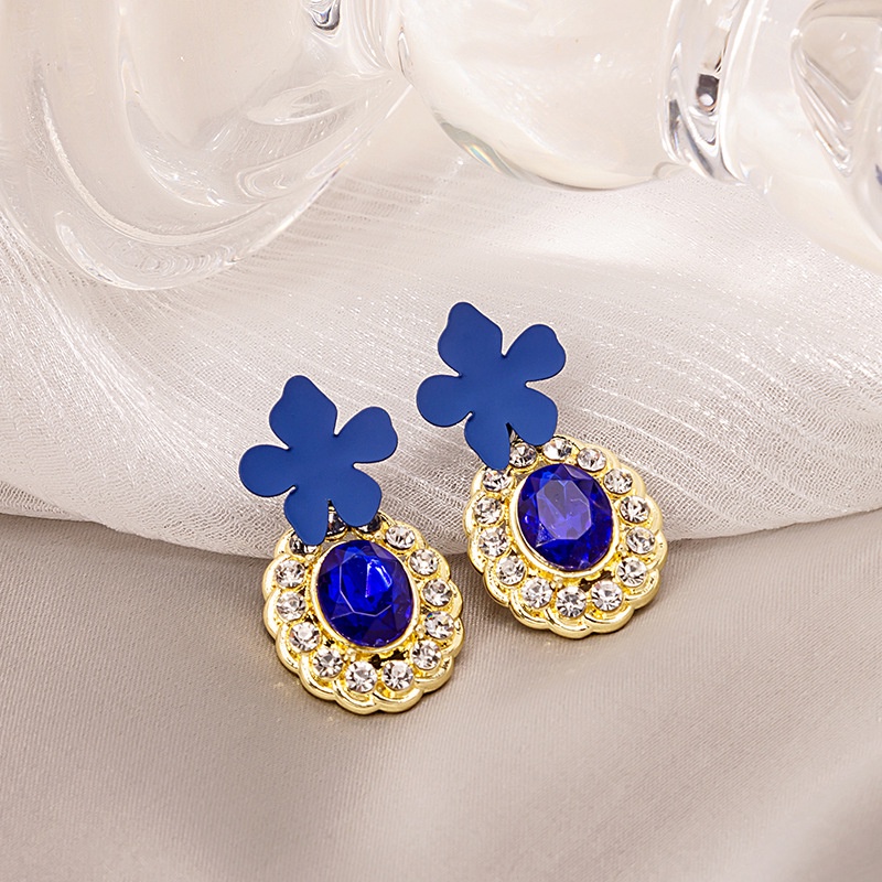 Klein Anting Tusuk Silver Desain Bunga Hias Kristal Zircon Biru Untuk Wanita