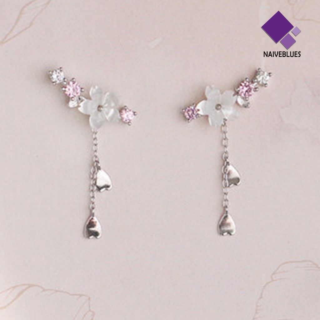 1 Pasang Anting Kait Gantung Bentuk Hati Cherry Blossom Bahan Alloy Aksen Berlian Imitasi